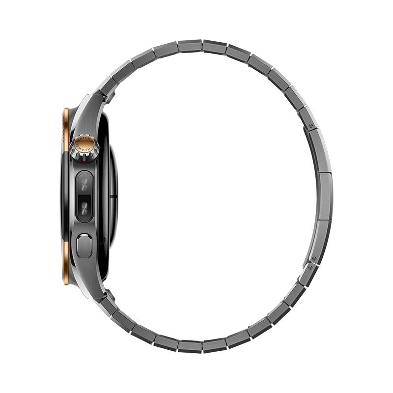 Seitenansicht einer schwarzen Smartwatch mit Metallarmband und goldfarbenem Akzent vor weißem Hintergrund.