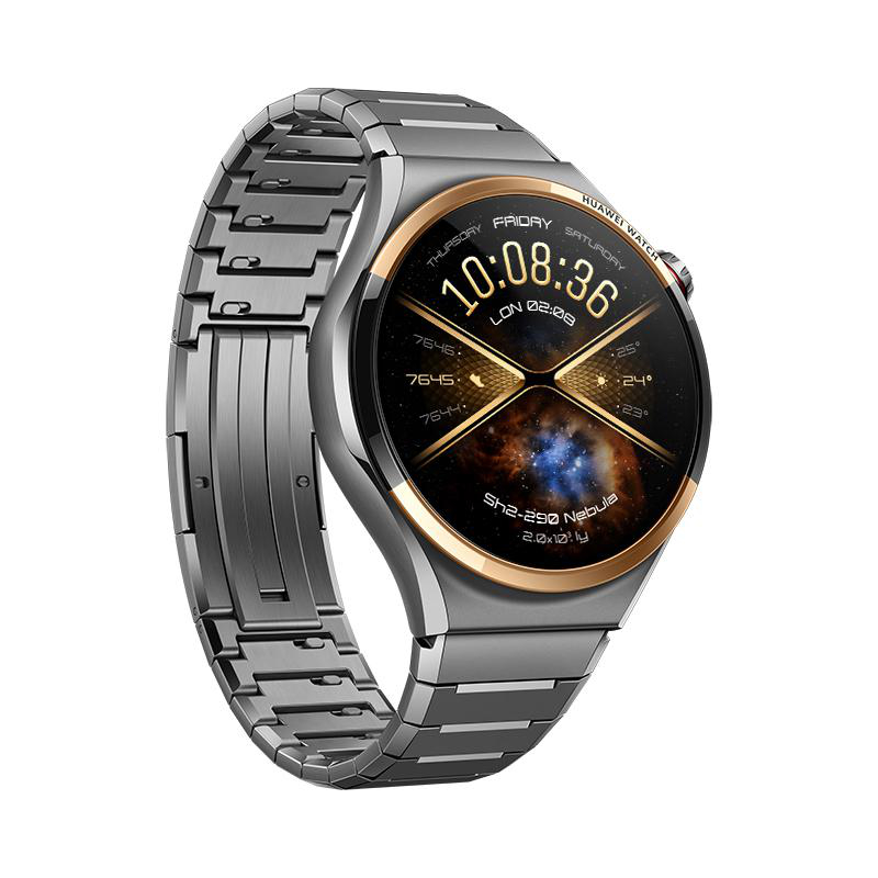 Eine graue Smartwatch mit Metallarmband und digitalem Zifferblatt, das einen Nebel zeigt.