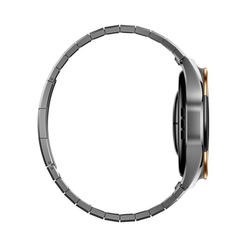 Seitenansicht einer Smartwatch mit dunkelgrauem Metallarmband und Goldakzent.