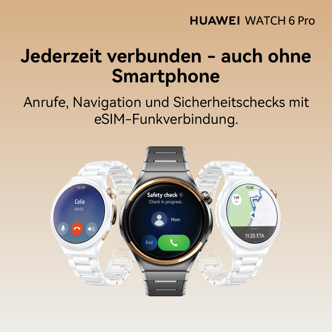 Drei Huawei Watch 6 Pro Uhren mit eSIM-Funktionen vor einem beigen Hintergrund mit Text.