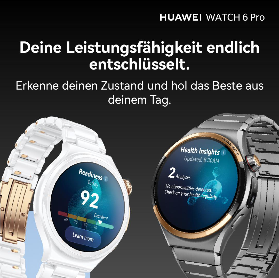 Zwei Huawei Watch 6 Pro Smartwatches mit Gesundheits- und Fitness-Displays auf schwarzem Hintergrund.