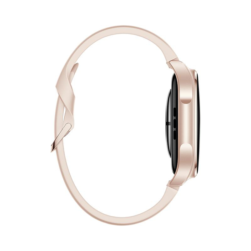 Eine roségoldene Smartwatch mit einem schmalen Band in Seitenansicht auf weißem Hintergrund.