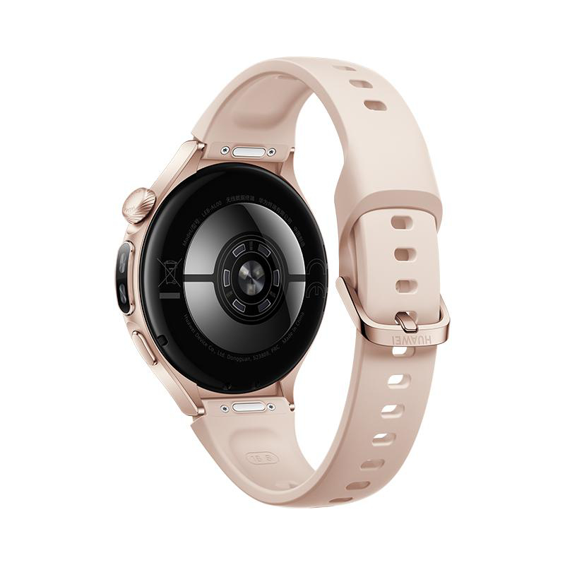 Rückseite einer roségoldenen Smartwatch mit Sensoren auf dem glänzenden schwarzen Gehäuse und einem hellen Silikonarmband.