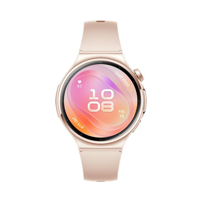 Eine roségoldene Smartwatch mit rundem Display zeigt Uhrzeit, Herzfrequenz und Kalorien vor weißem Hintergrund.