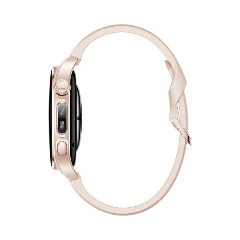 Eine roségoldene Smartwatch mit einem passenden Armband und einem drehbaren Kronenknopf auf einer weißen Fläche.