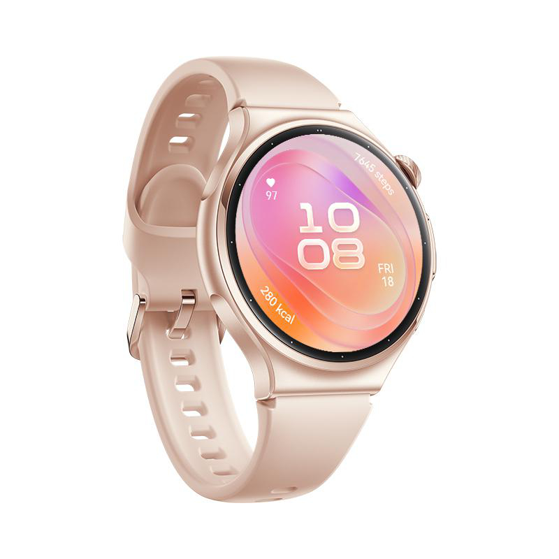 Eine roségoldene Smartwatch mit rundem Display zeigt die Uhrzeit 10:08, Herzfrequenz und Schritte auf rosa Hintergrund.