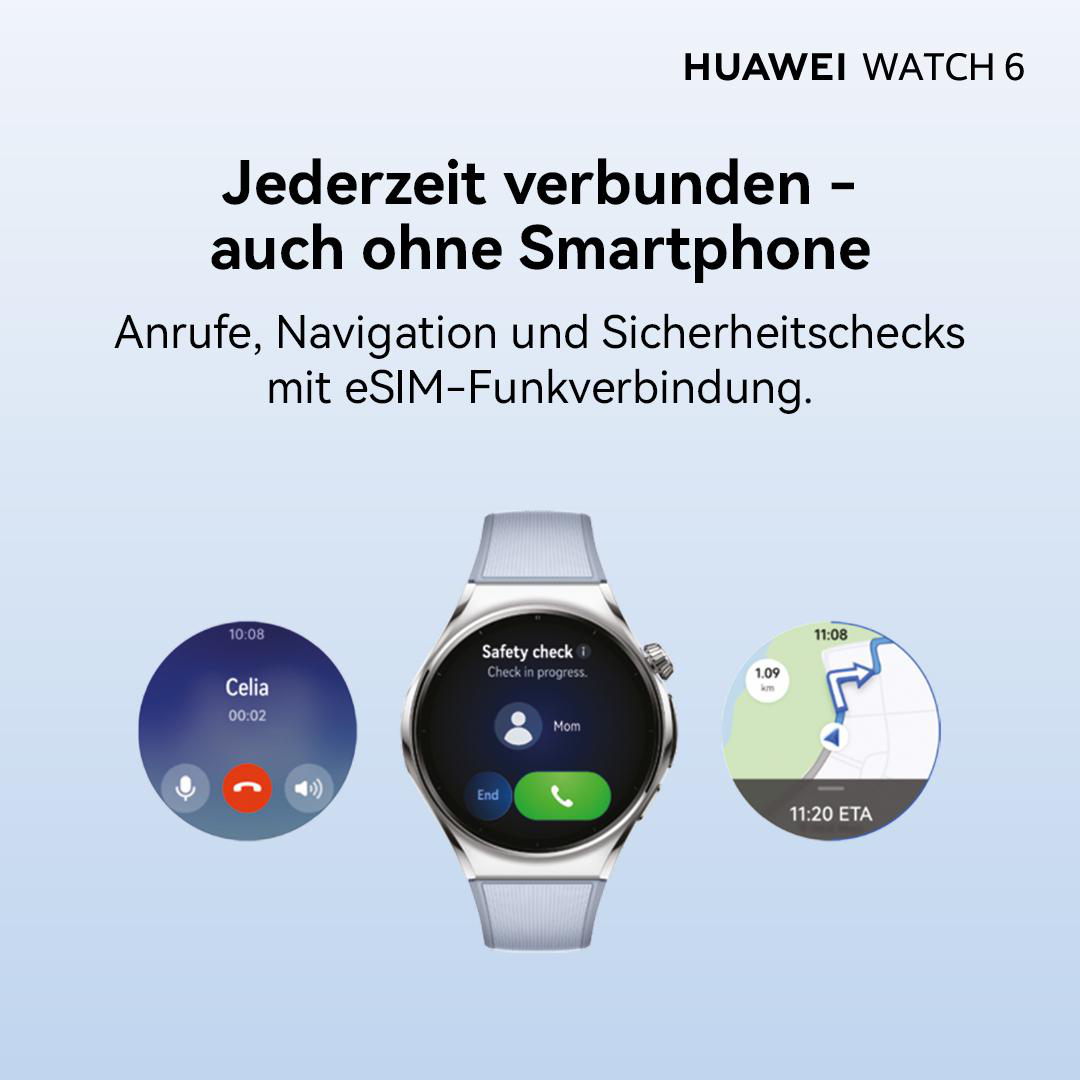 Huawei Watch 6 mit eSIM-Funktion für Anrufe, Navigation und Sicherheitschecks ohne Smartphone.