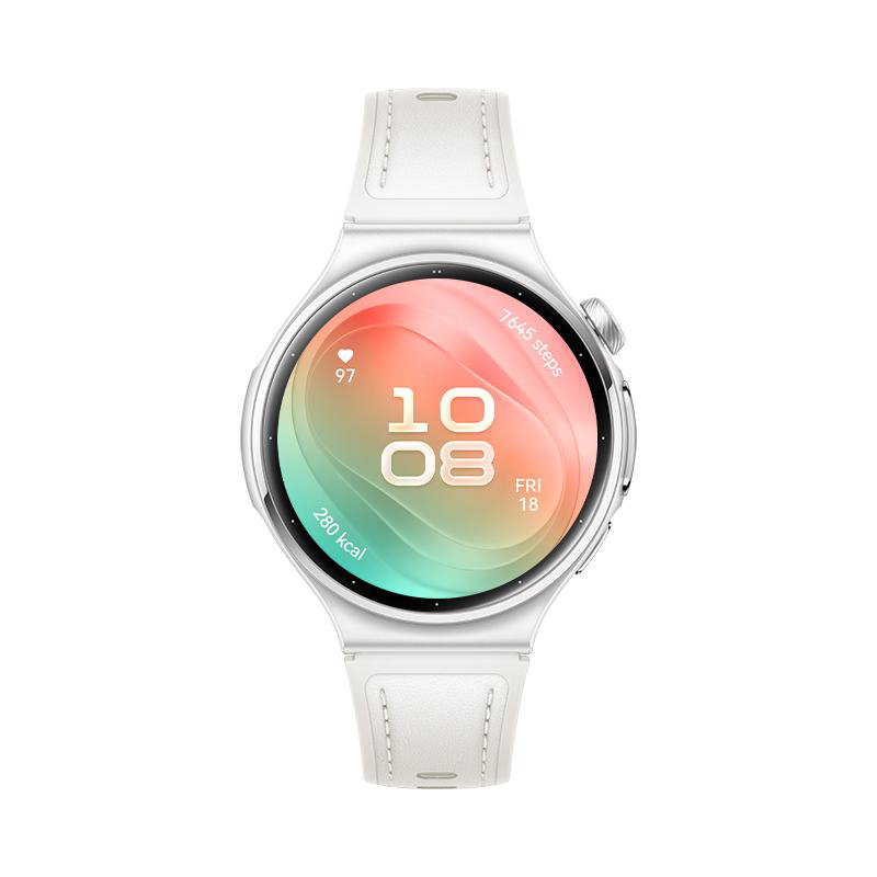Eine weiße Smartwatch mit einem bunten Display zeigt Zeit und Fitnessdaten.