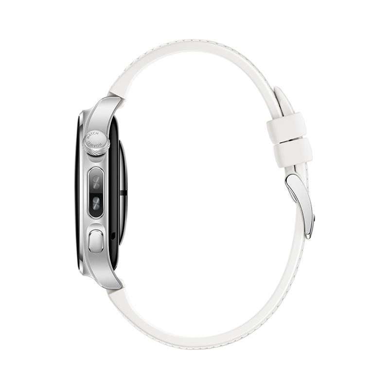 Eine silberne Smartwatch mit weißem Lederarmband von der Seite vor weißem Hintergrund.