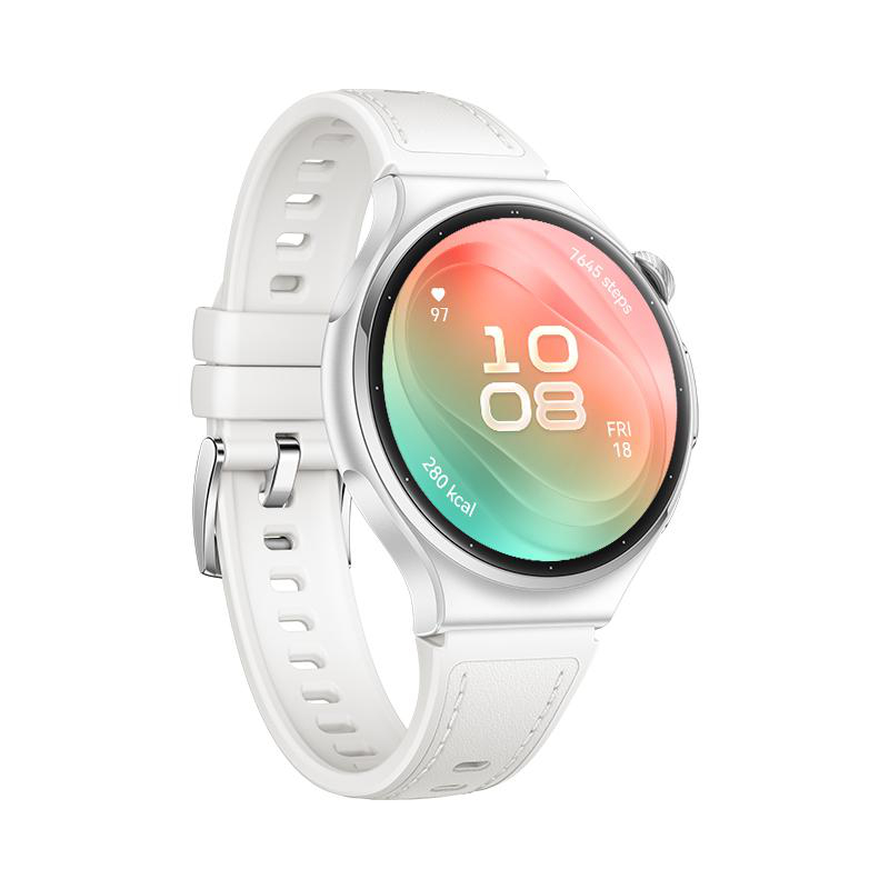 Eine weiße Smartwatch mit einem bunten Display für Uhrzeit und Gesundheitsdaten auf weißem Hintergrund.