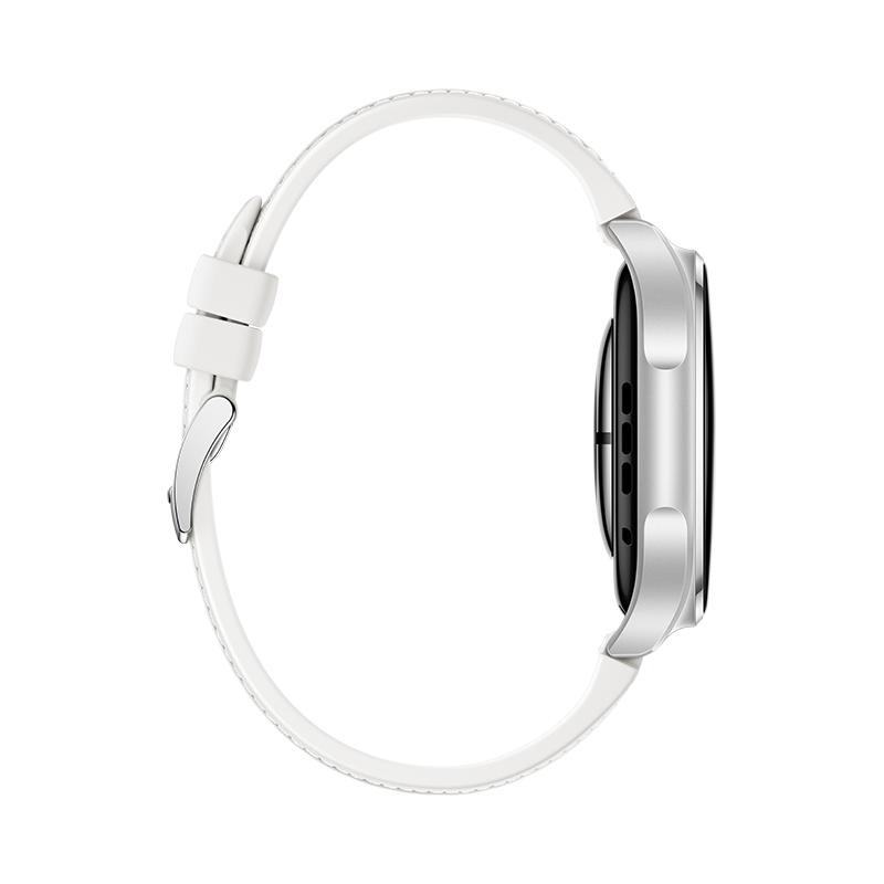 Seitenansicht einer silbernen Smartwatch mit einem weissen Lederarmband vor weissem Hintergrund.