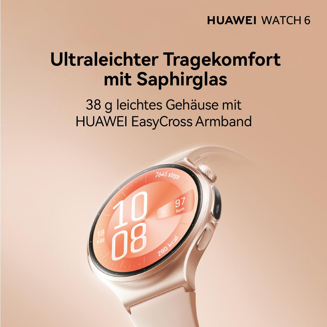 Huawei Watch 6 in Gold mit digitalem Zifferblatt und Text zu ultraleichtem Tragekomfort vor beigem Hintergrund.