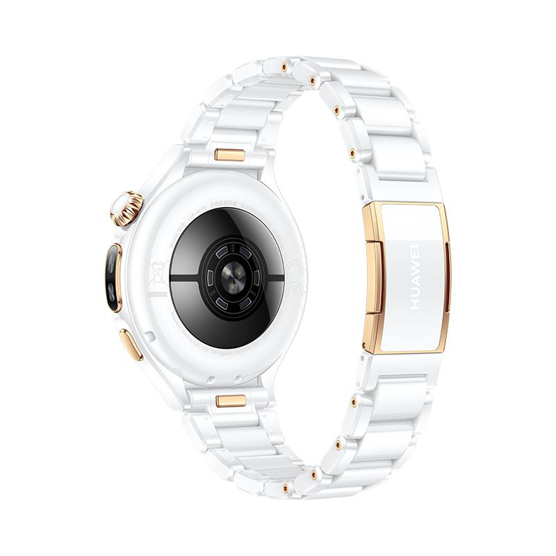 Rückseite einer weißen Huawei-Smartwatch mit Keramik-Gliederarmband und goldenen Akzenten auf weißem Hintergrund.