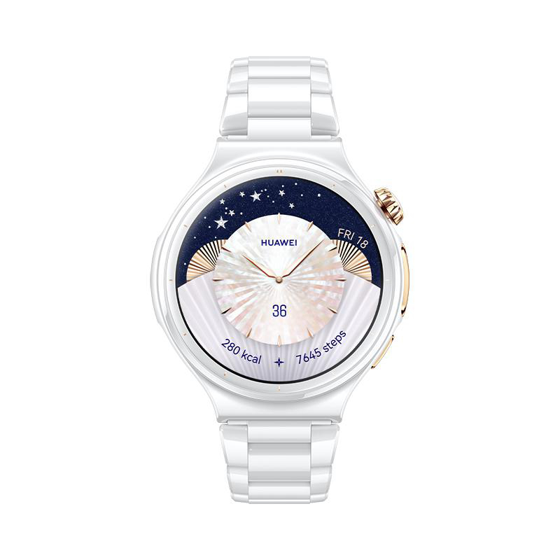 Eine elegante weiße Smartwatch mit goldenen Akzenten und einem analogen Zifferblatt, das Schritte und Kalorien anzeigt.