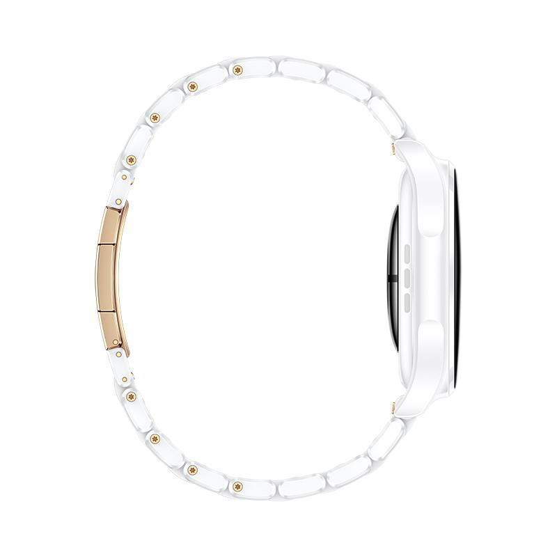 Eine weiße Smartwatch mit goldenen Akzenten und Armband auf weißem Hintergrund.