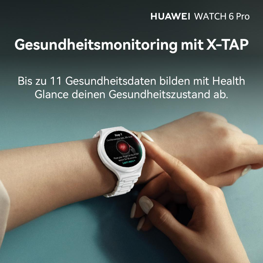 Eine weiße Huawei Watch 6 Pro am Handgelenk mit Text über Gesundheitsmonitoring.