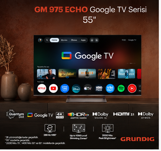Dolap üzerinde özellik simgeleri ve vazolar bulunan GM 975 ECHO 55 inç Google TV.