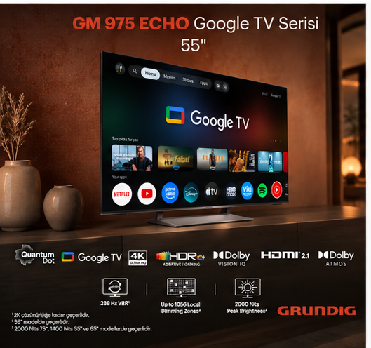 Ahşap dolap üzerinde 55 inç Grundig Google TV, ekranda uygulama simgeleri ve teknik özelliklerle birlikte.
