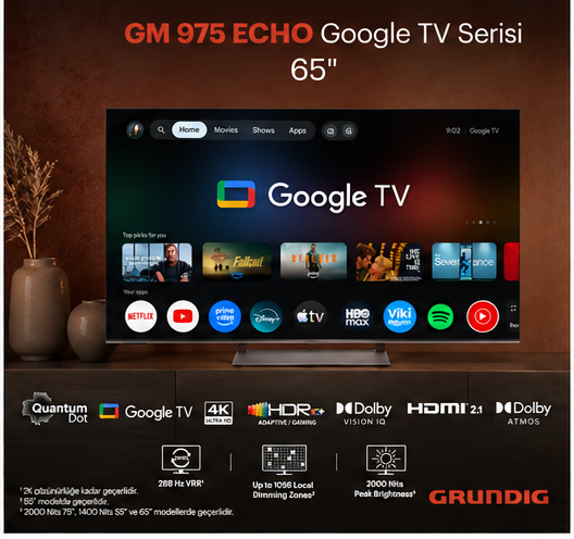 GM 975 Echo Google TV 65 inç ekran, uygulama simgeleri ve Quantum Dot, Dolby Atmos gibi özellikleri gösteriyor.