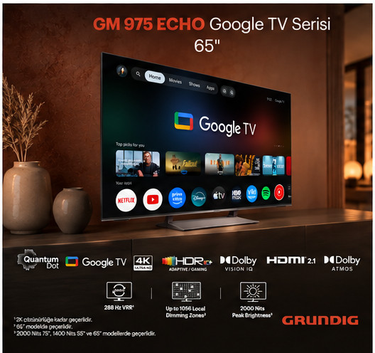 Koyu renkli ahşap dolap üzerinde 65 inç Google TV ve teknik özellik simgeleri.