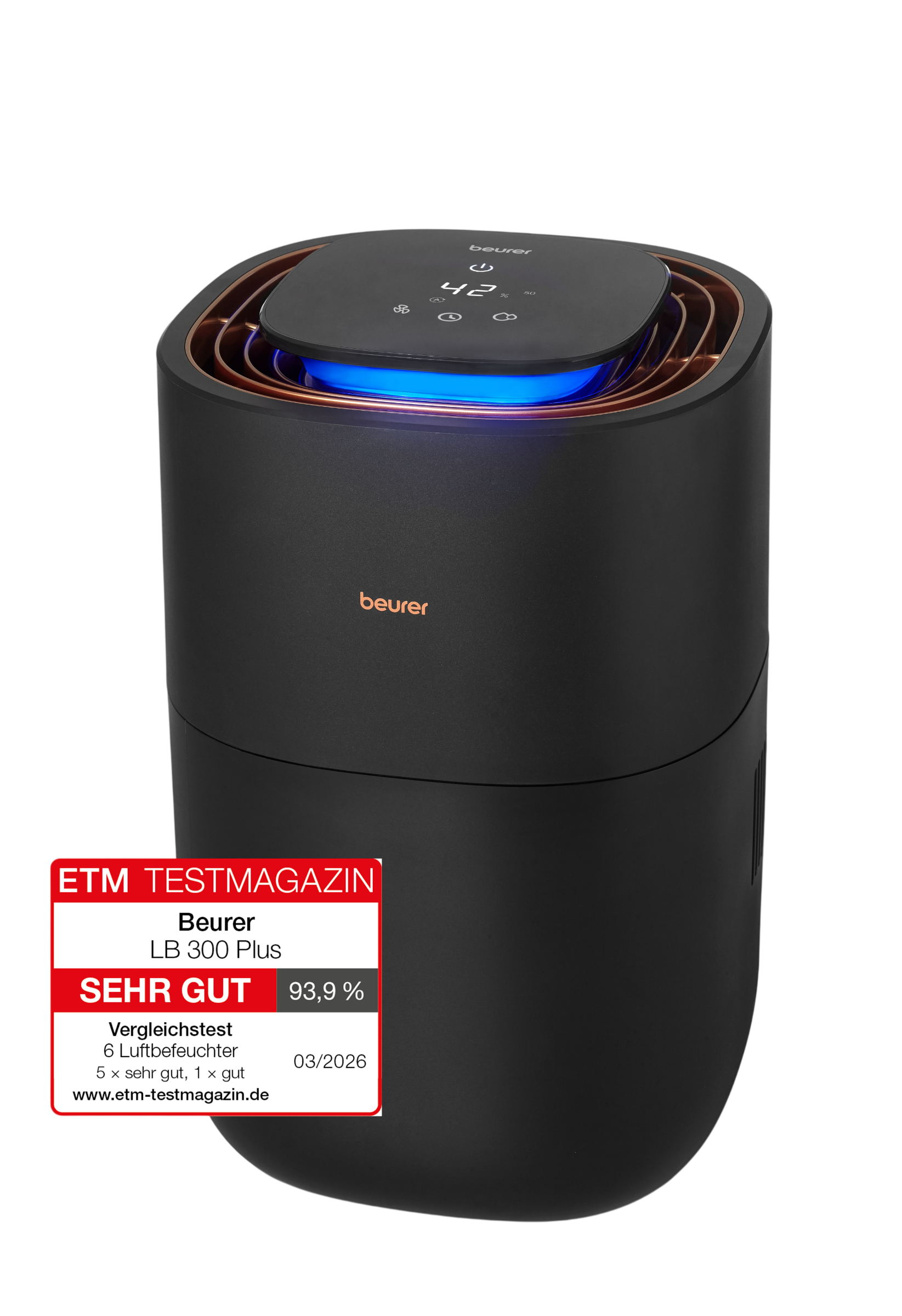 Schwarzer Beurer Luftbefeuchter LB 300 Plus mit blauem LED-Licht, Kupferakzenten und ETM Testmagazin Testurteil.