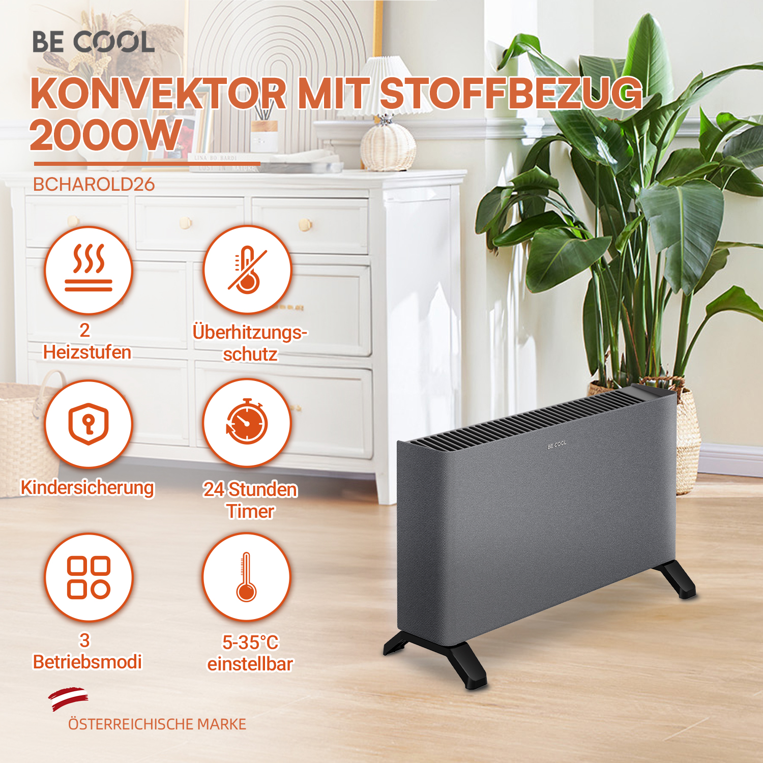 Ein grauer Konvektor-Heizlüfter mit Stoffbezug steht in einem Raum, flankiert von Produkt-Icons.