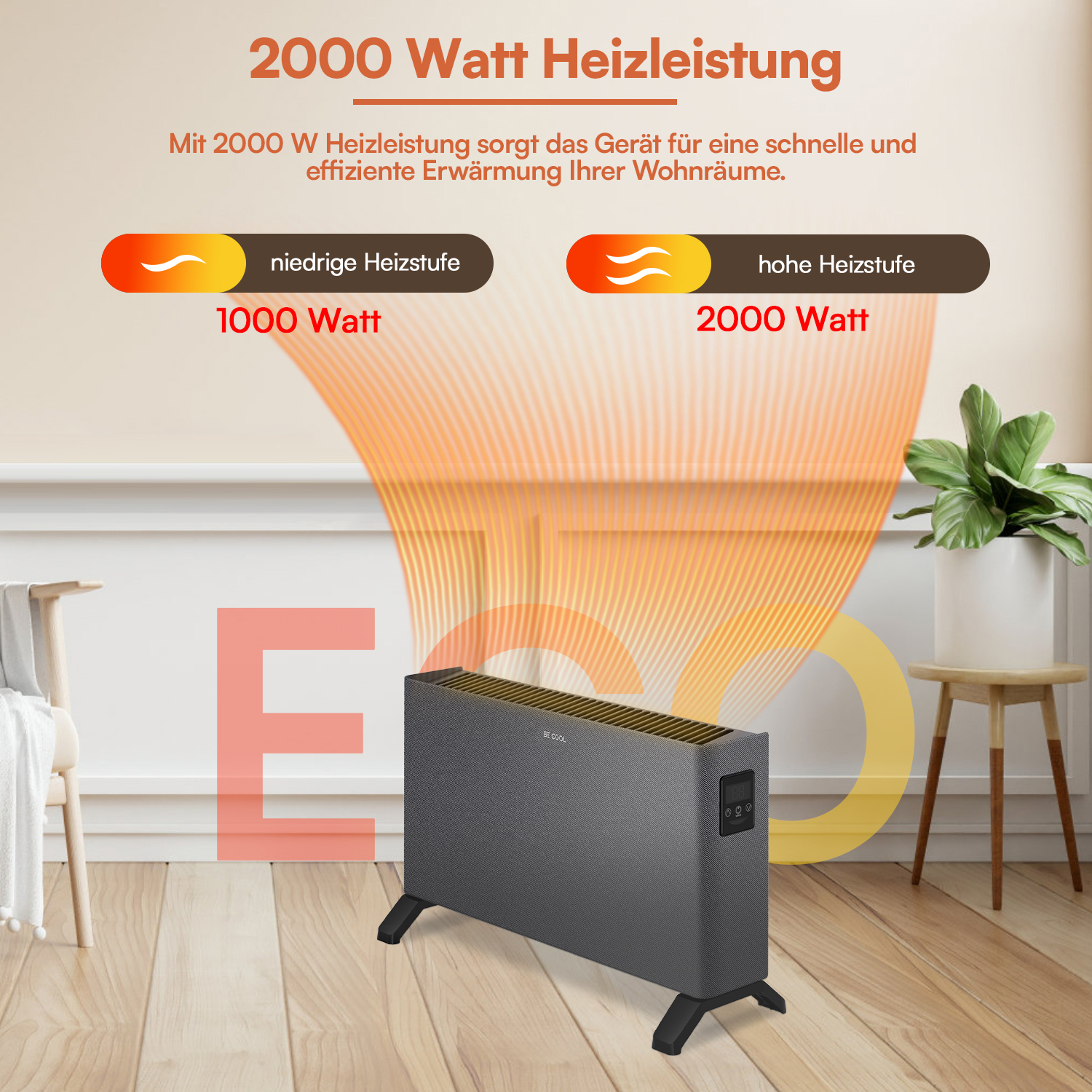 Grauer Heizlüfter mit zwei Leistungsstufen im Wohnzimmer vor weißer Wand.