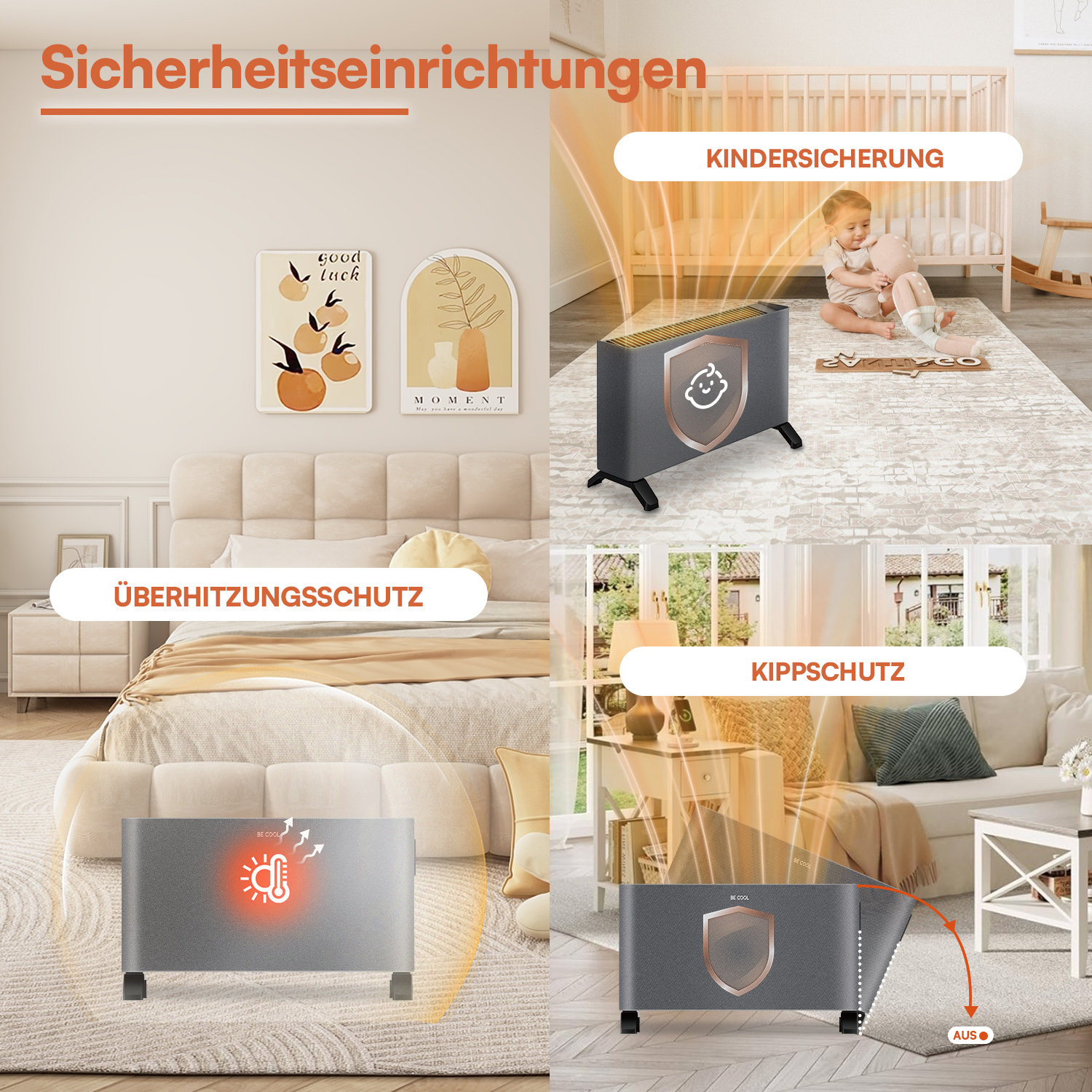 Sicherheitsmerkmale eines Heizgeräts: Kindersicherung, Überhitzungsschutz und Kippschutz.