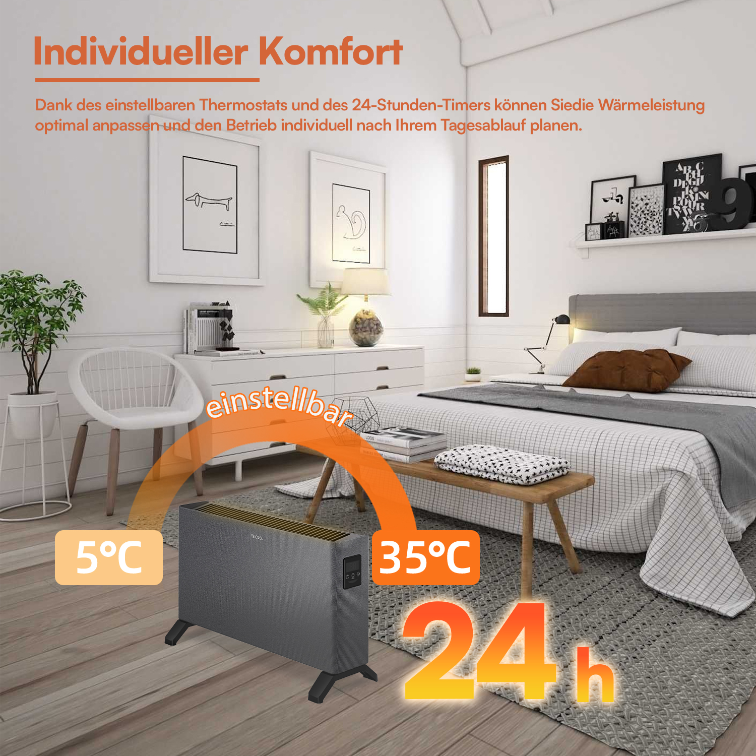 Ein moderner grauer Heizlüfter in einem hellen Schlafzimmer mit Thermostat- und Timer-Hinweisen.