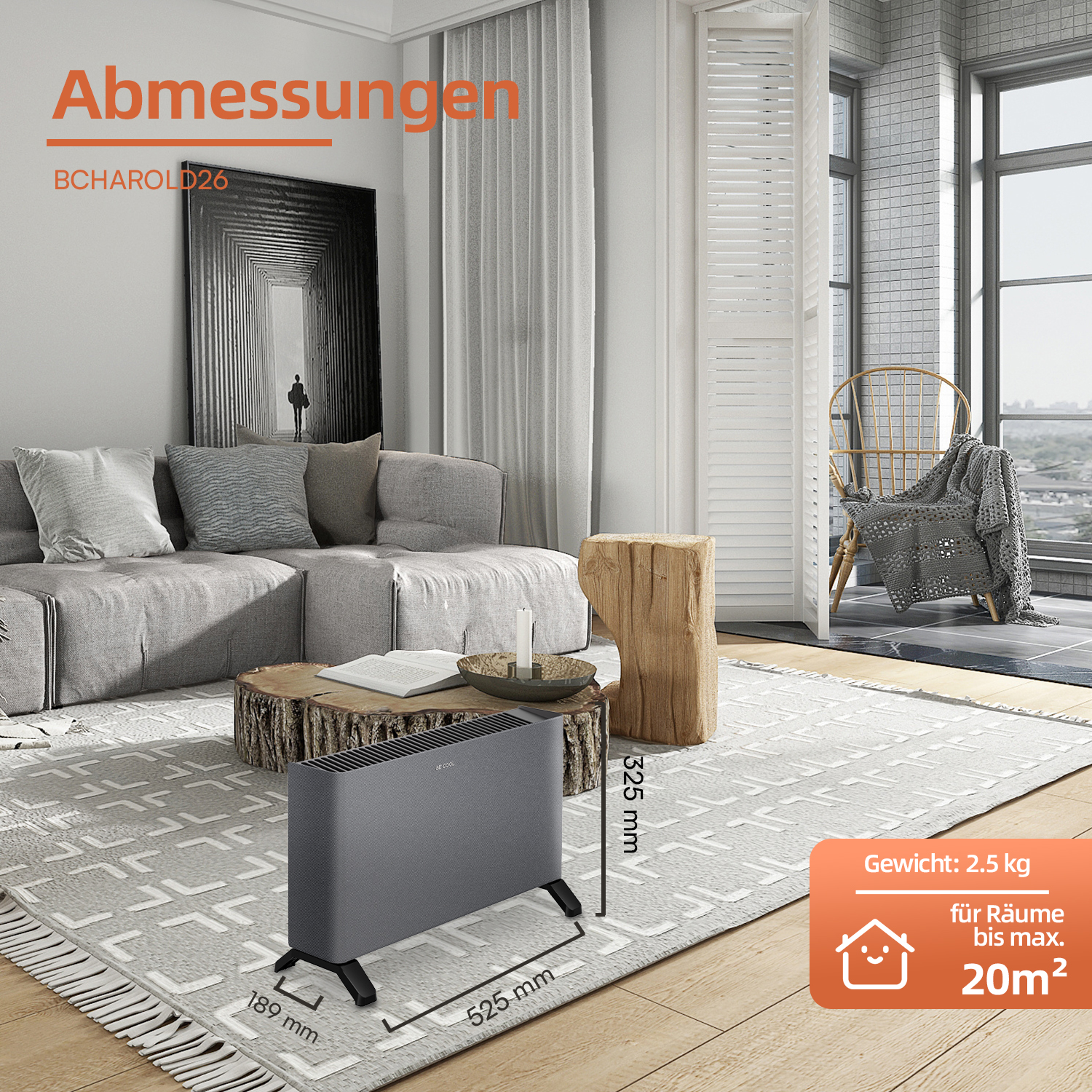 Grauer Heizlüfter auf einem Teppich in einem modern eingerichteten Wohnzimmer mit Maßen und Gewicht.