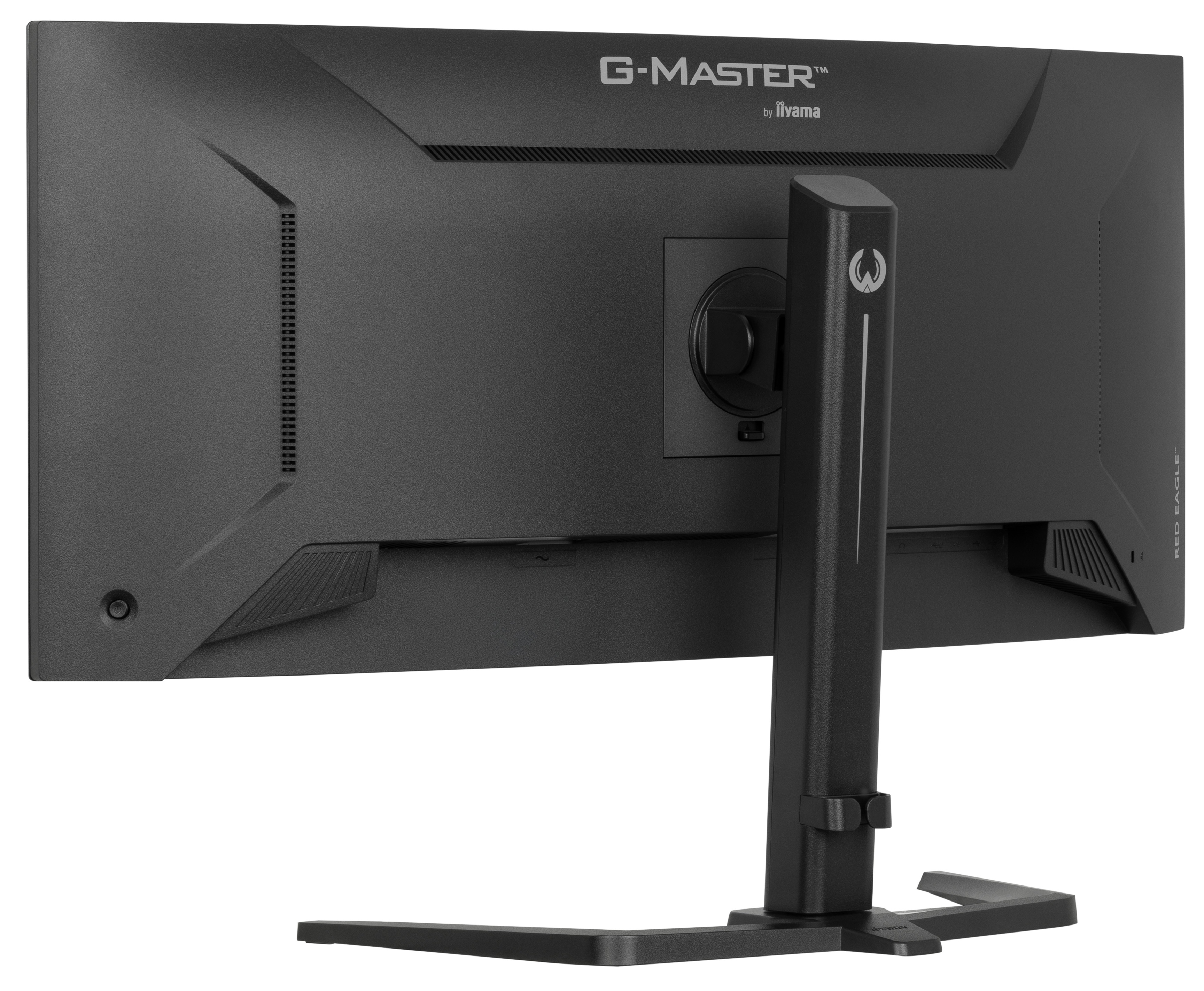 Widok z tyłu czarnego monitora dla graczy iiyama G-Master z podstawą na jasnym tle.