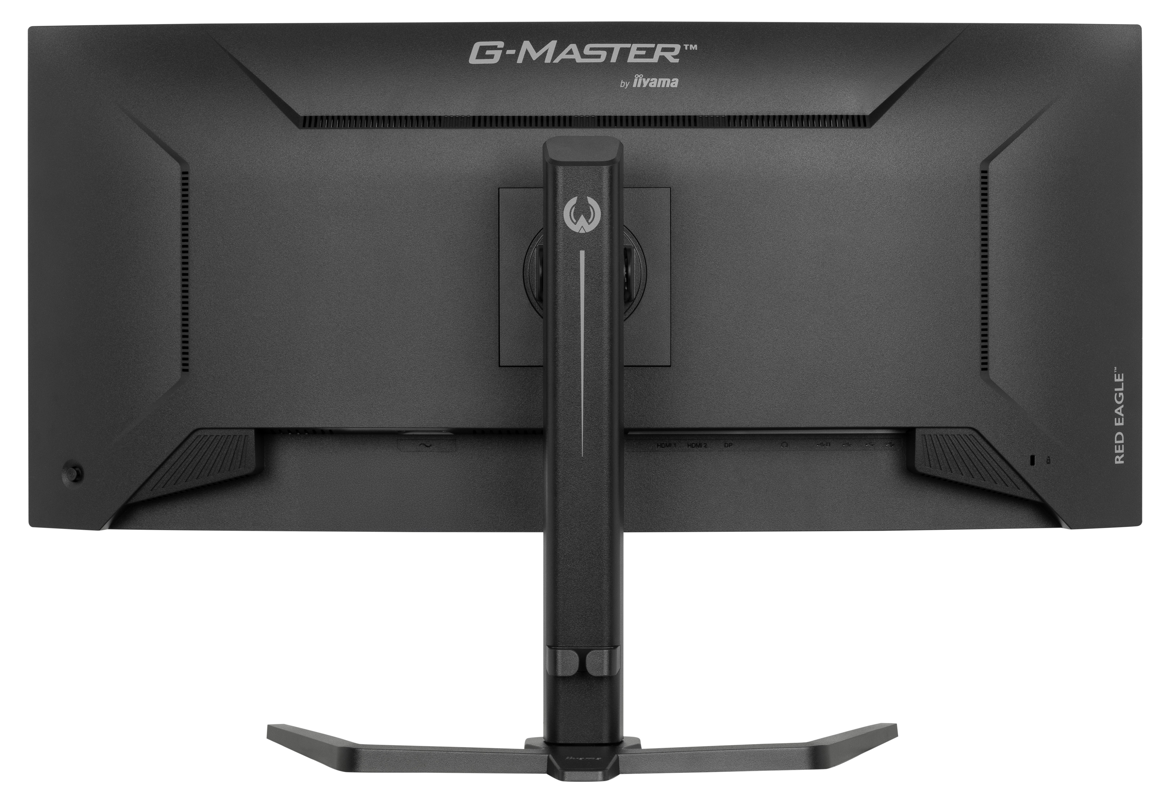 Tył czarnego monitora G-Master z podstawą, portami i logo marki na górze.