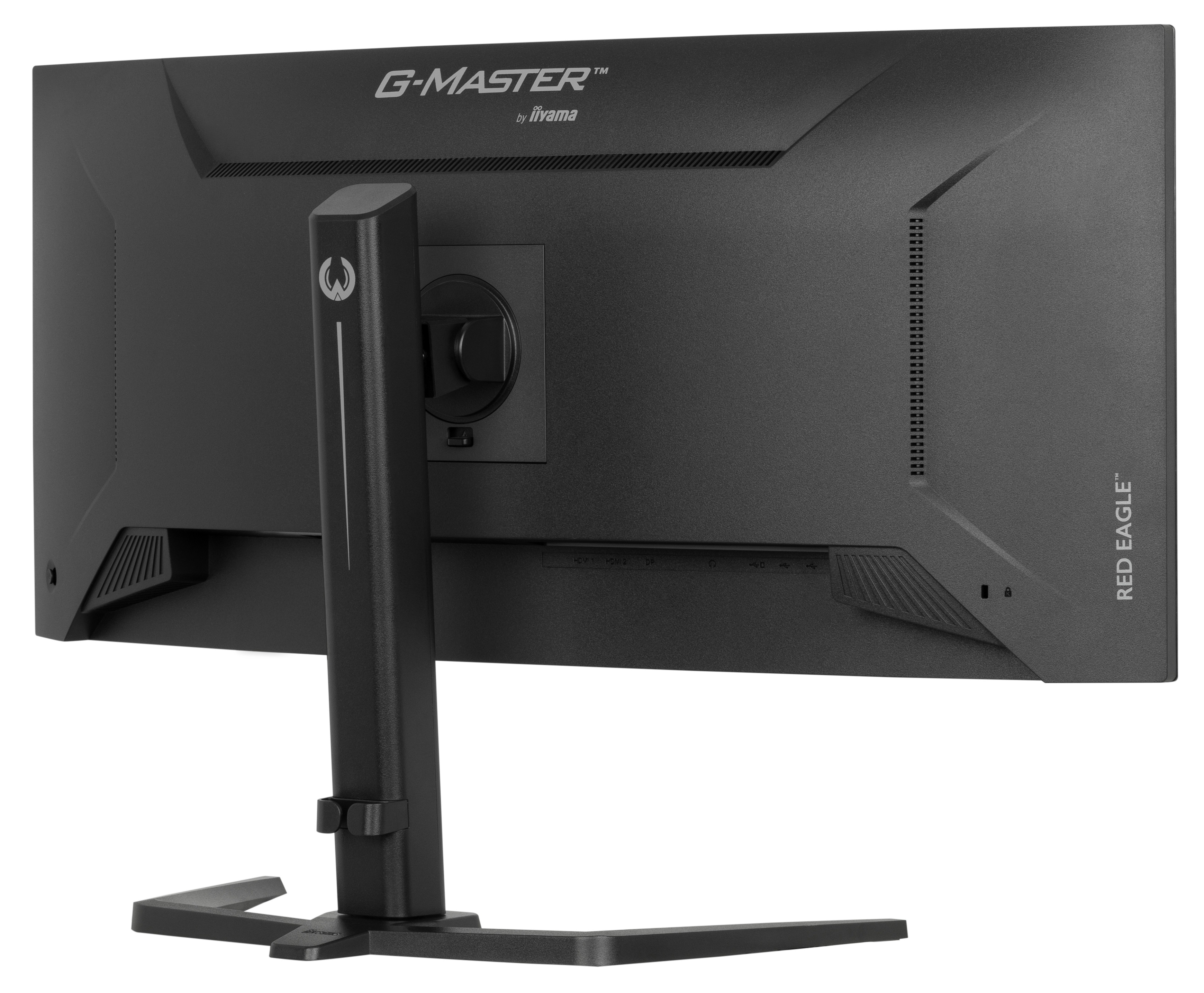 Widok z tyłu czarnego monitora dla graczy iiyama G-Master na podstawce na białym tle.