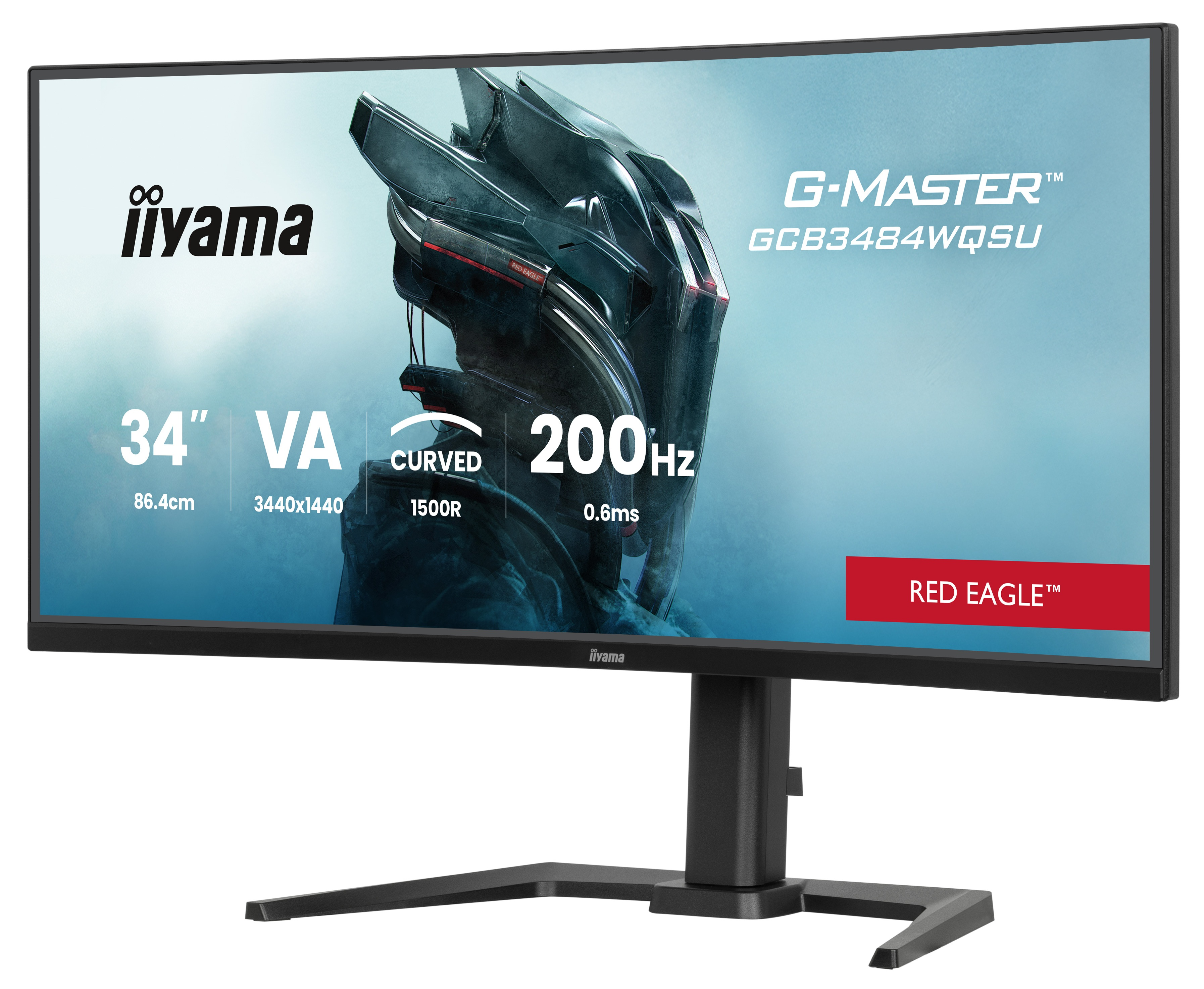 Zakrzywiony monitor dla graczy Iiyama 34 cali z futurystycznym tłem i specyfikacją.