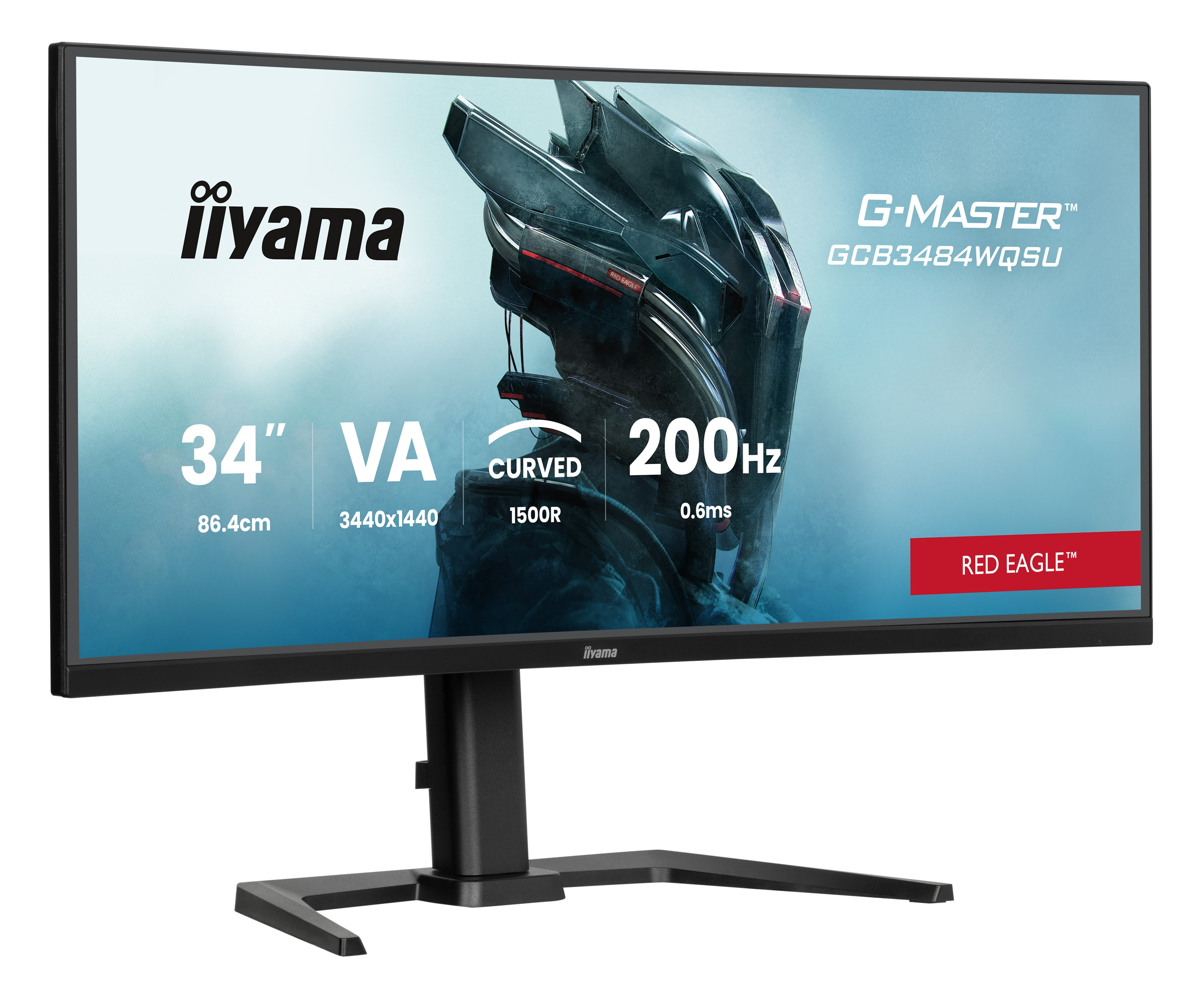 Zakrzywiony monitor gamingowy Iiyama G-Master 34 cale z grafiką science-fiction.