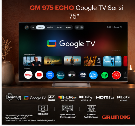Grundig GM 975 ECHO 75" Google TV ahşap dolap üzerinde duruyor ve Google TV menüsünü gösteriyor.