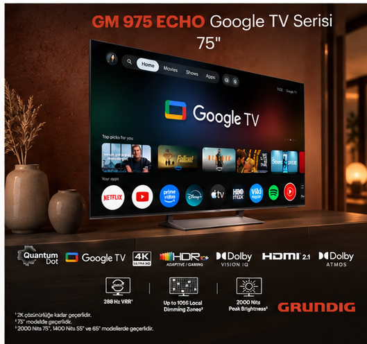 Ahşap bir dolap üzerinde duran 75 inçlik Grundig Google TV, sıcak ışıklı bir odada.