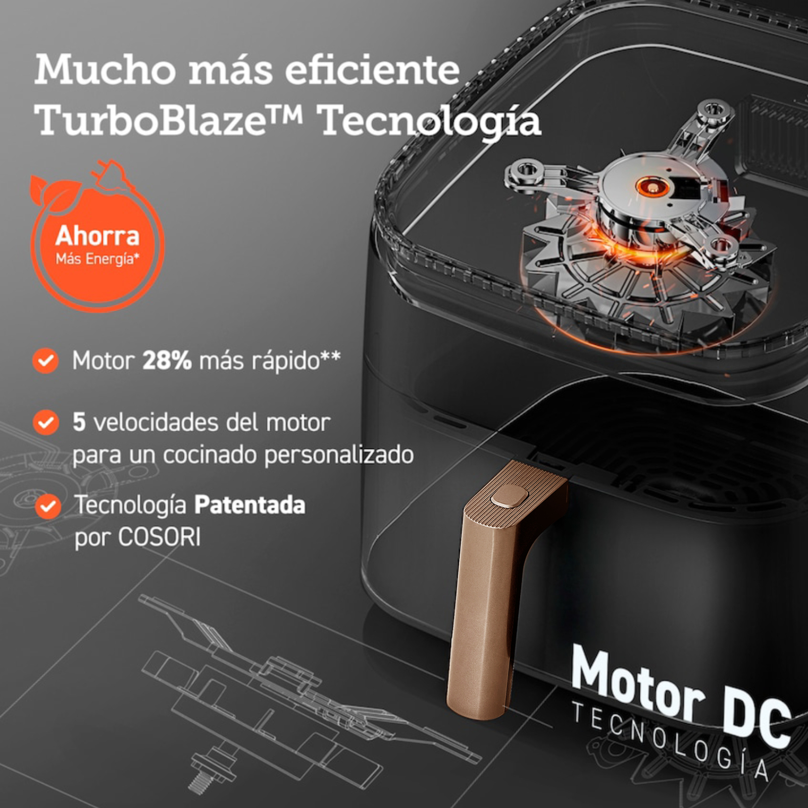 Mucho más eficiente. TurboBlaze Tecnología. Ahorra más energía. Motor 28% más rápido**. 5 velocidades del motor para un cocinado personalizado. Tecnología Patentada por COSORI. Motor DC. Tecnología