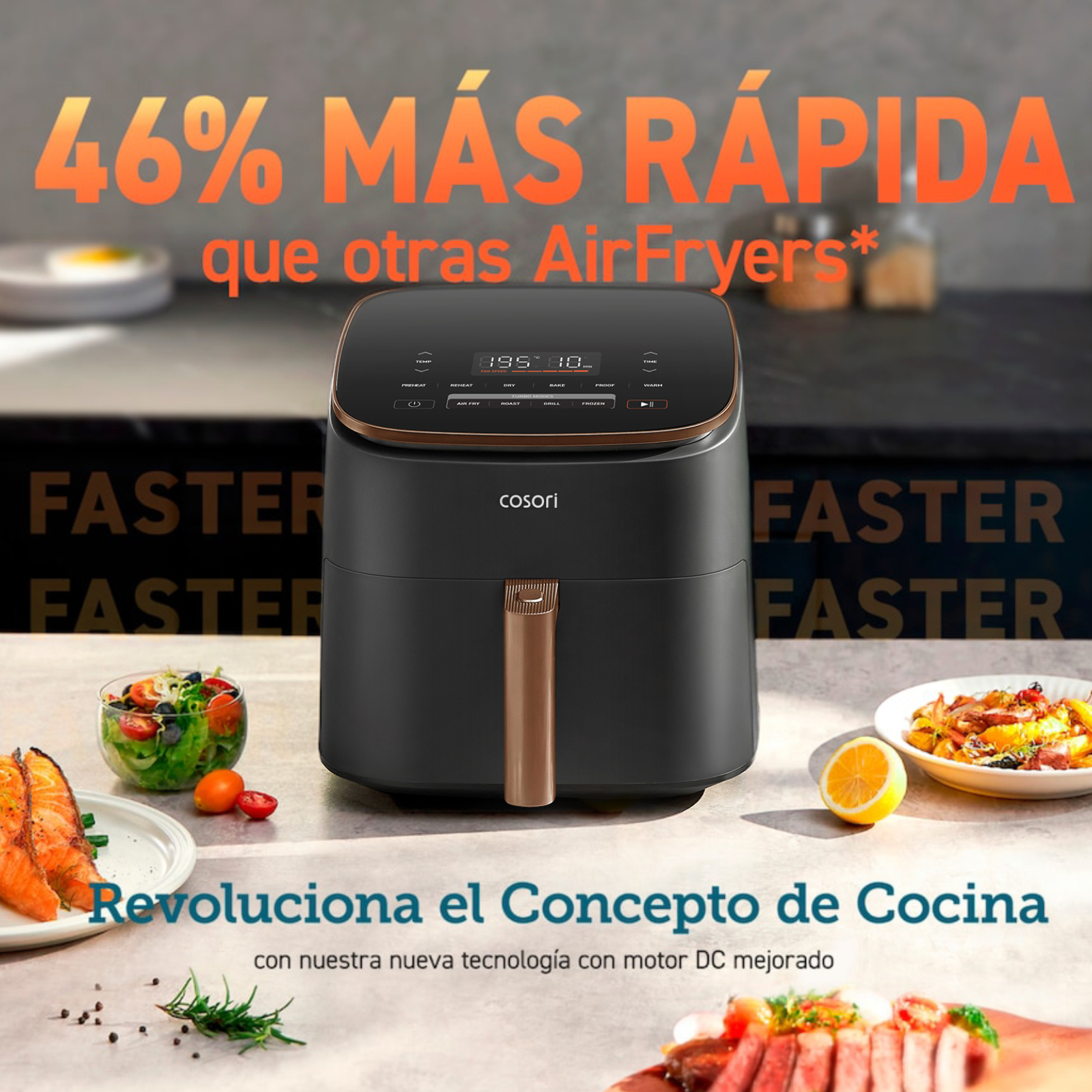 Una freidora de aire Cosori negra sobre una encimera con ensalada, salmón y limón. 46% más rápida que otras airfrayers*. Revoluciona el concepto de cocina con nuestra nueva tecnología con motor DC mejorado.