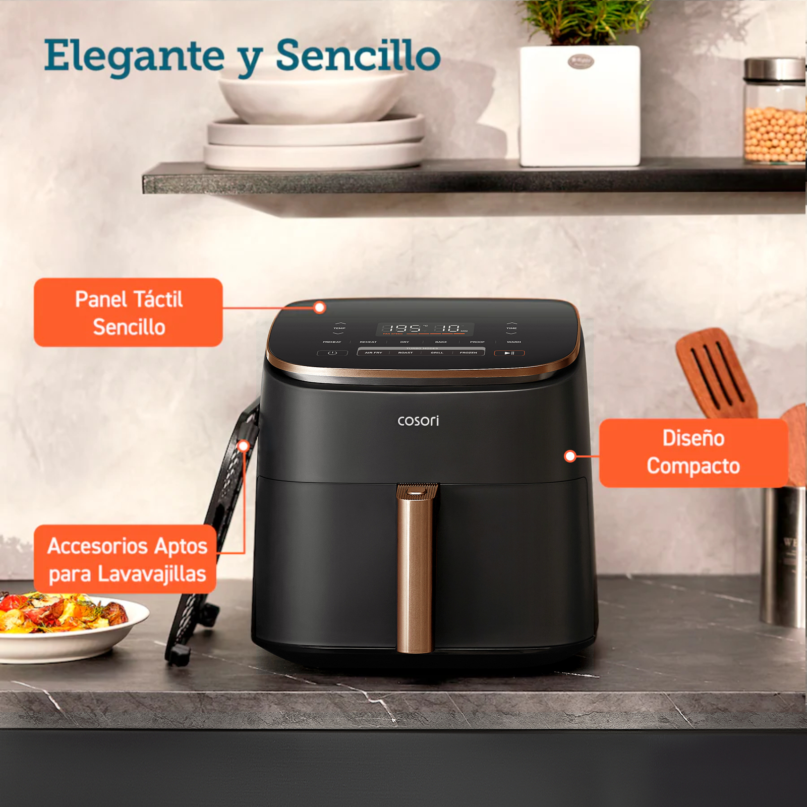 Elegante y sencillo. Panel tactil sencillo. Diseño compacto. Accesorios aptos para lavavajillas.