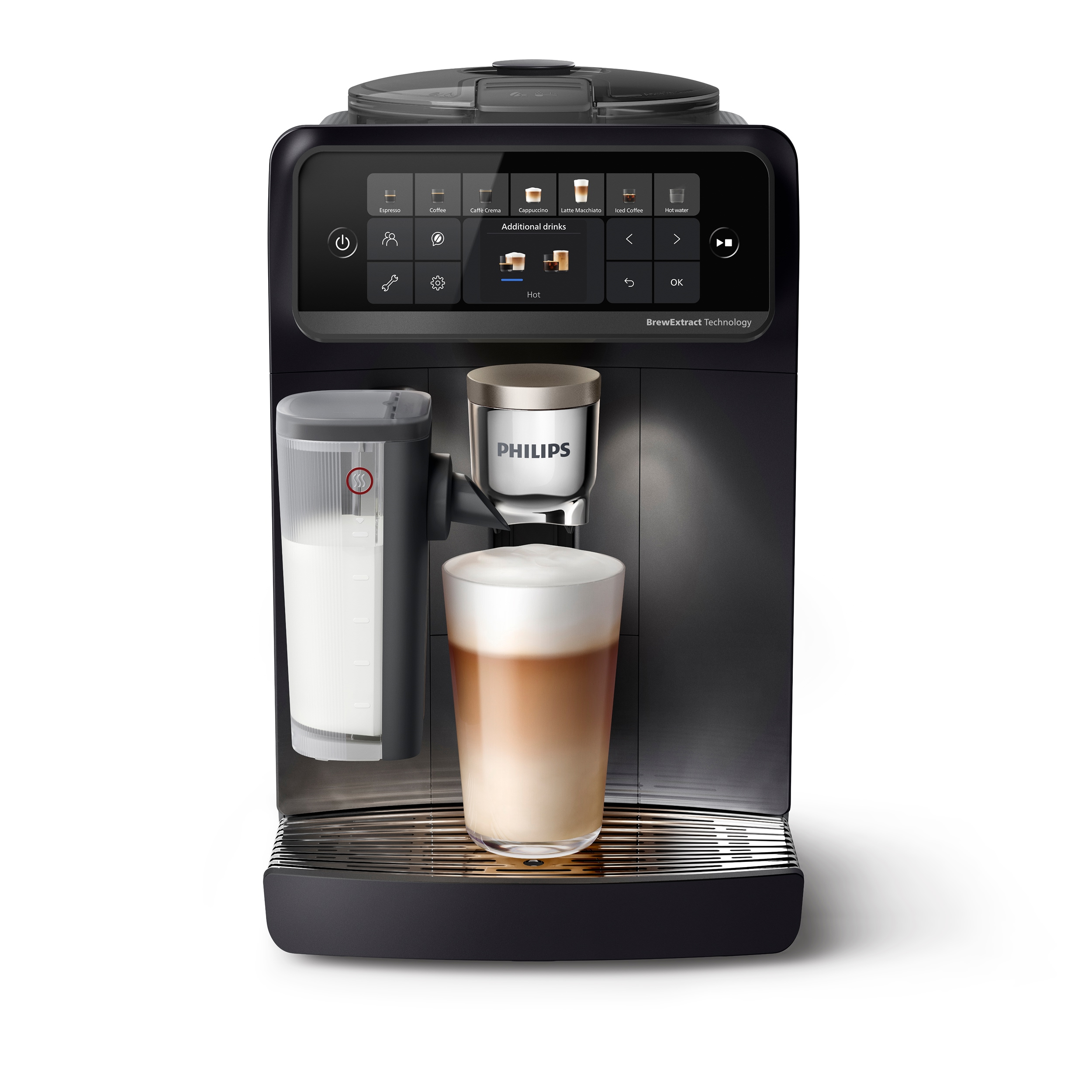 Schwarze Philips Kaffeemaschine mit Touch-Display, Milchbehälter und einem Glas Latte Macchiato auf der Abtropfschale.