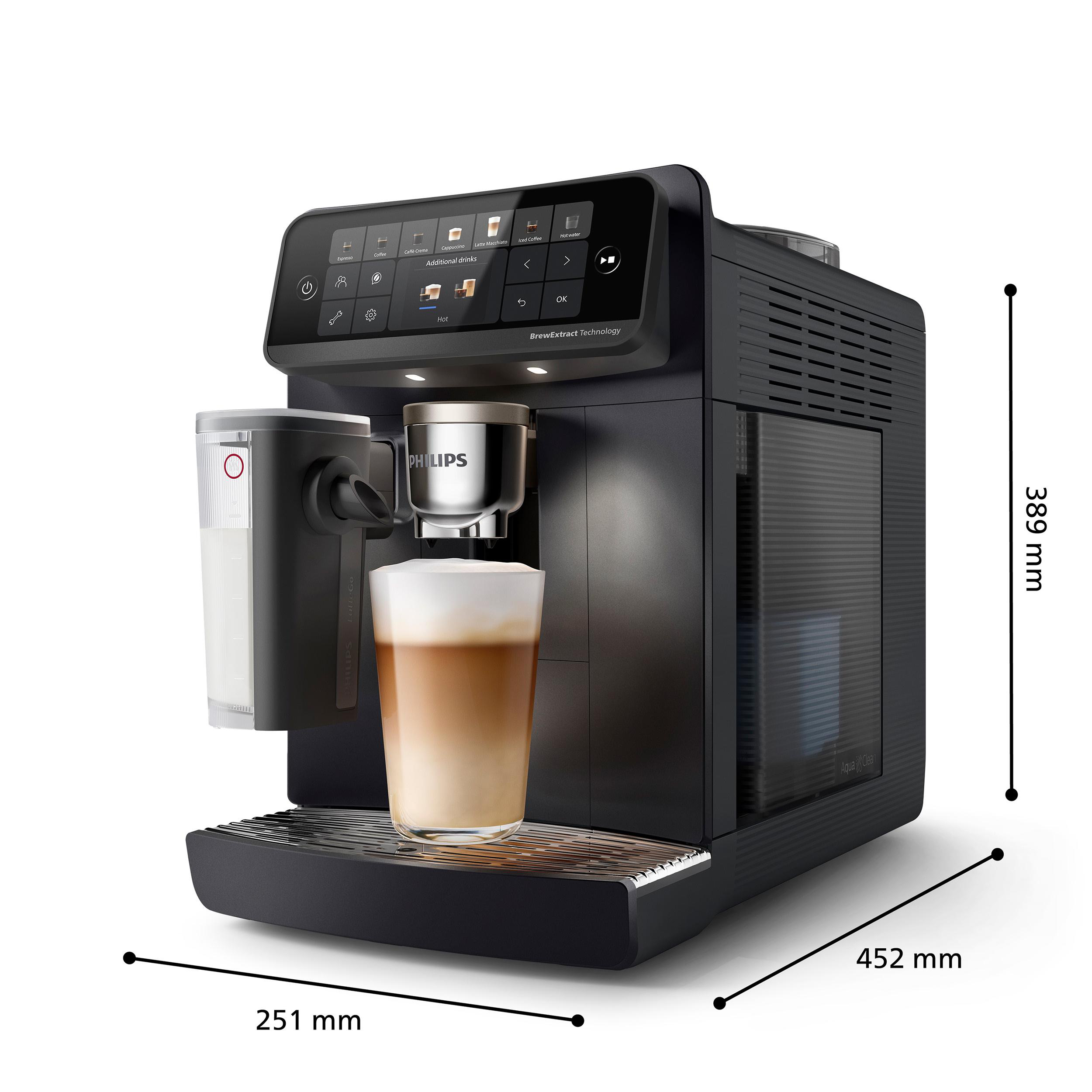 Schwarze Philips-Kaffeemaschine mit Display und Latte-Macchiato-Glas, Maße 251x452x389 mm.