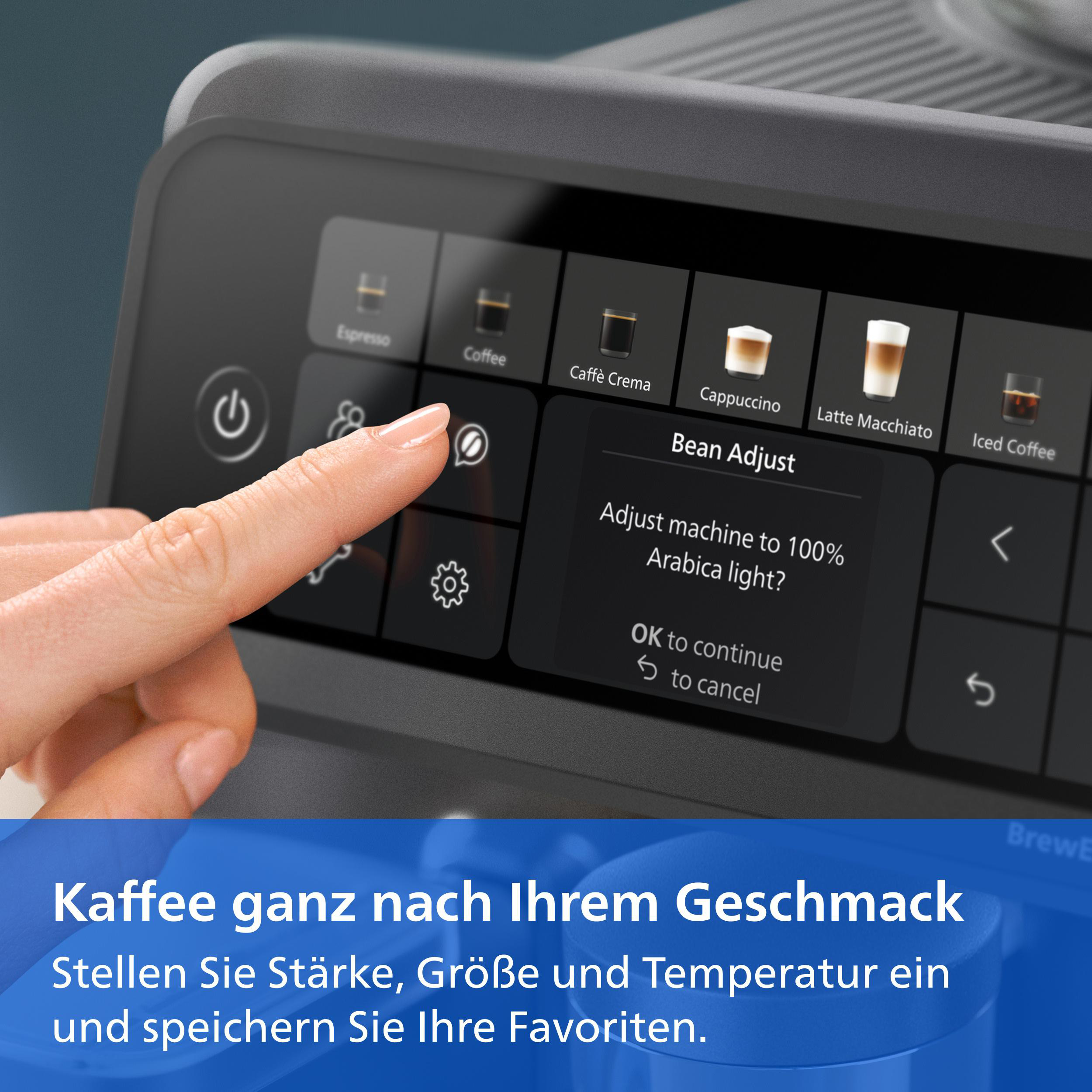 Ein Finger tippt auf das Touch-Display einer Kaffeemaschine mit Menüoptionen wie Espresso und Cappuccino.