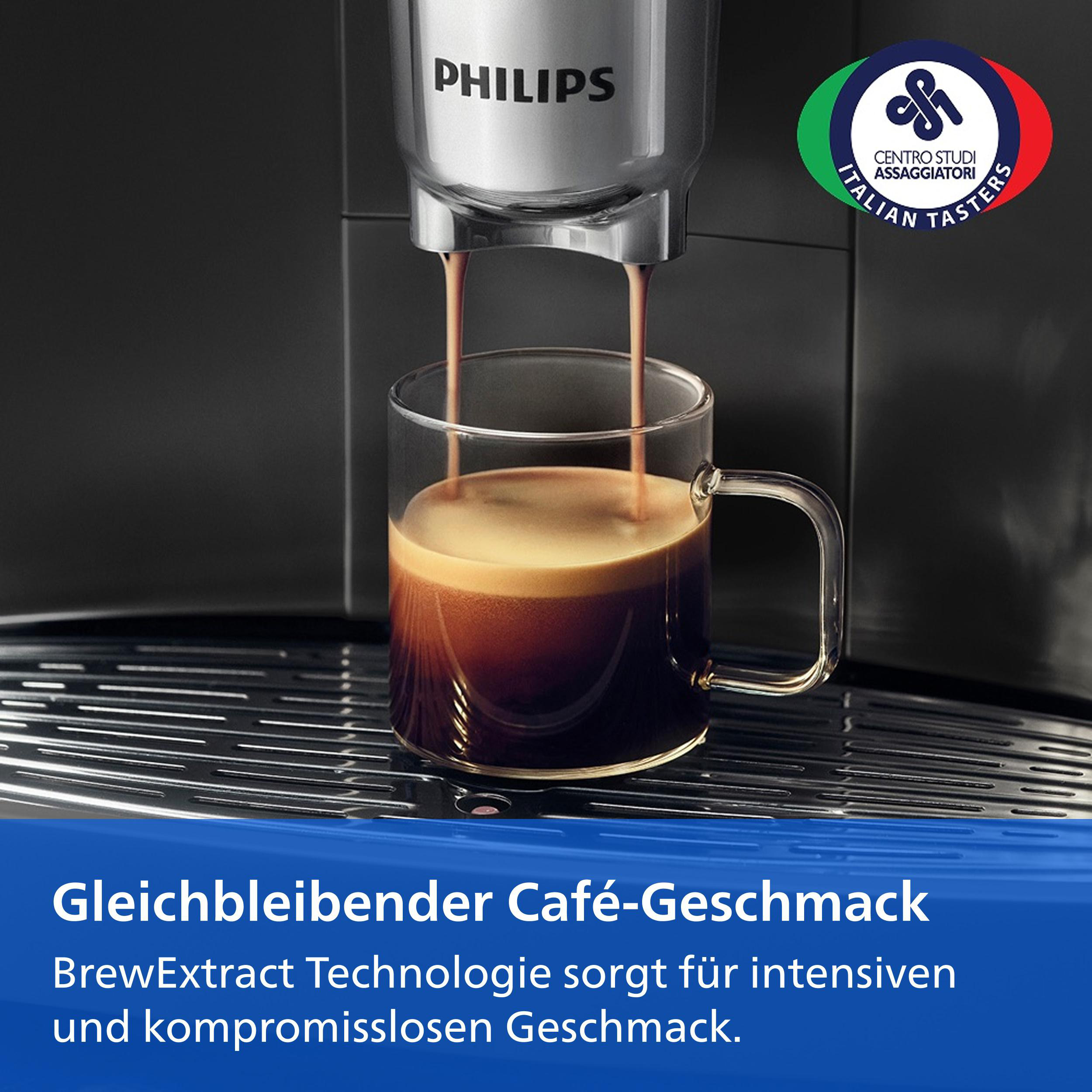 Philips Kaffeemaschine brüht Kaffee in eine transparente Tasse. Unten blauer Balken mit Text.