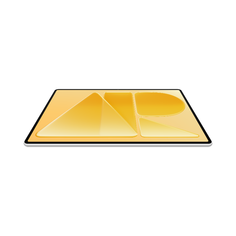 Siyah arka plan üzerinde düz bir tablette sarı ve altın rengi AR logosu.