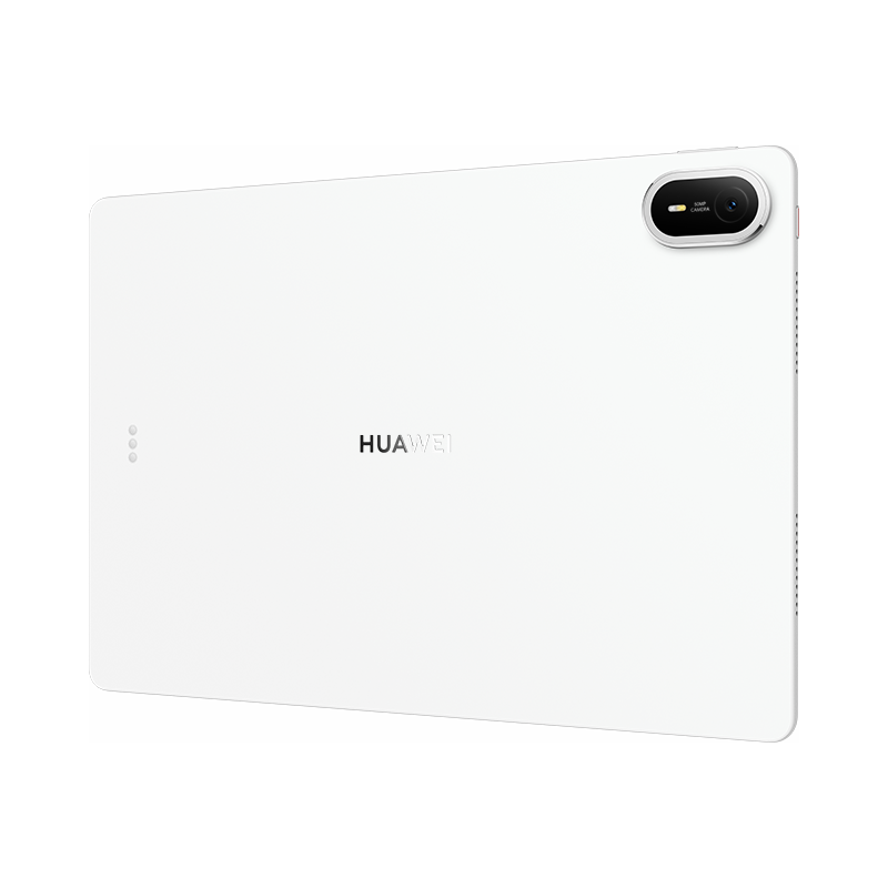 Siyah arka planda arkadan görünen beyaz Huawei tablet, kamera ve logoya sahip.