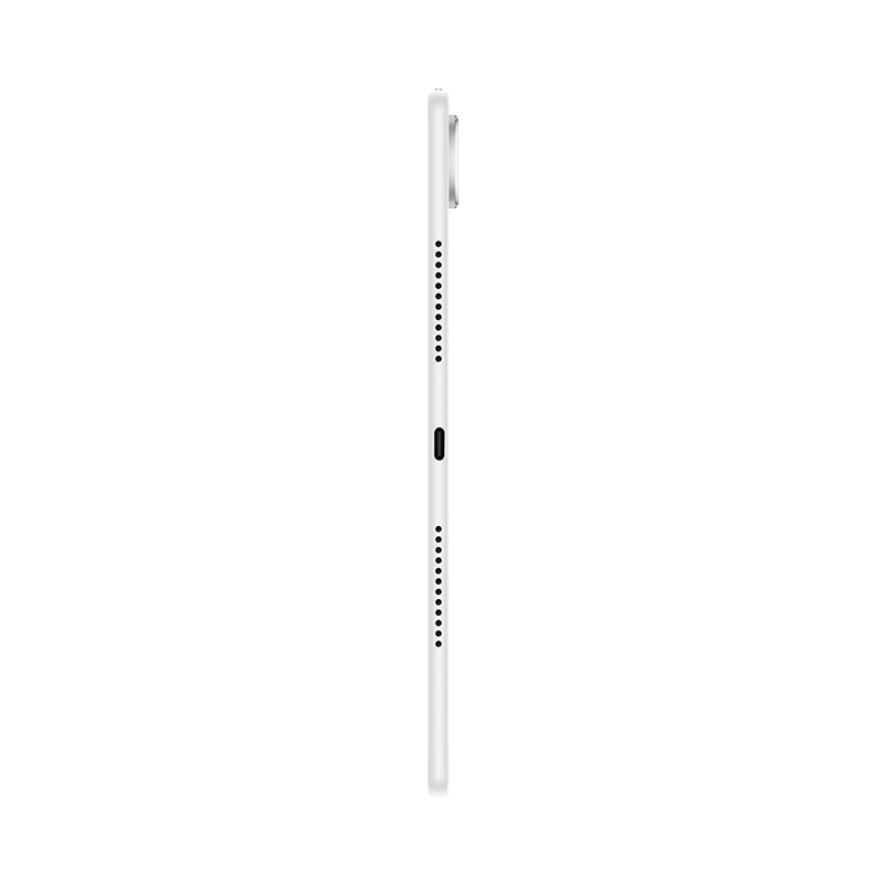 Siyah arka planda hoparlör ızgaraları ve bir USB bağlantı noktası gösteren ince beyaz tabletin yandan görünümü.