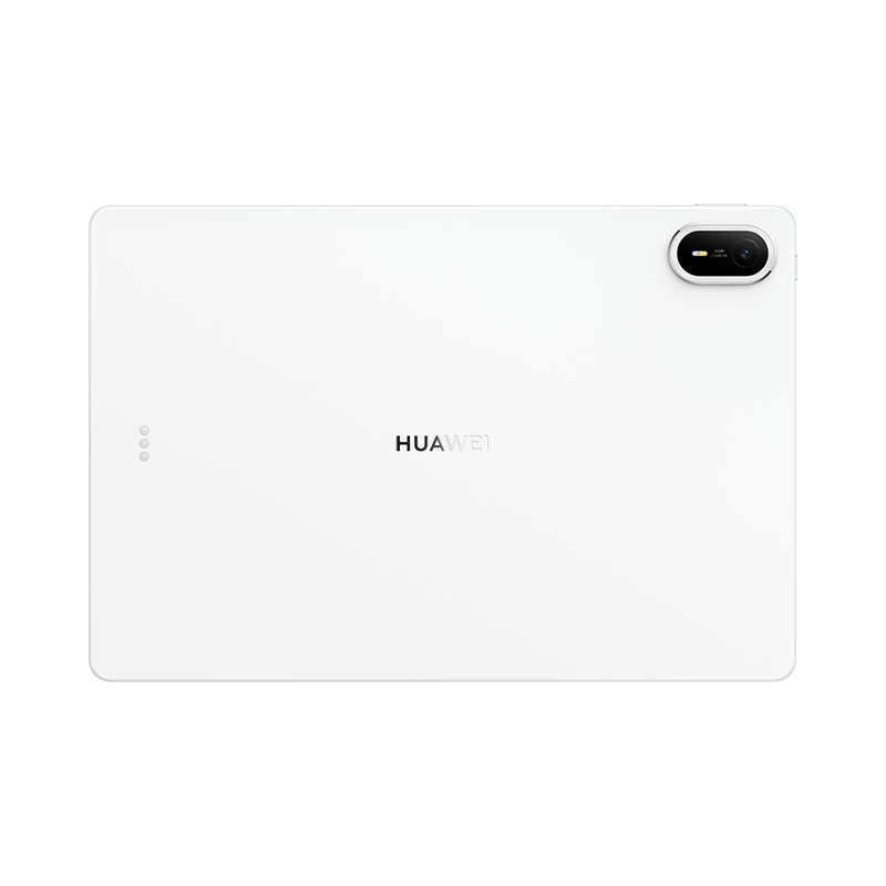 Sağ üst köşede kamera ve ortada marka logosu bulunan beyaz bir Huawei tabletin arkası.