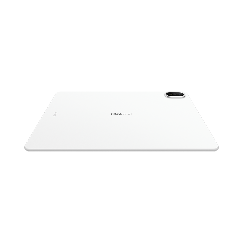 Siyah arka planda kamera ve logolu beyaz bir Huawei tabletin arkası.