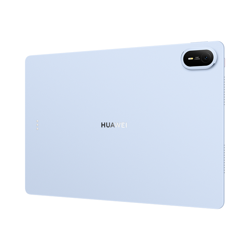 Siyah arka plan üzerinde sağ üstte kamera modülü bulunan açık mavi renkli bir Huawei tabletin arkası.